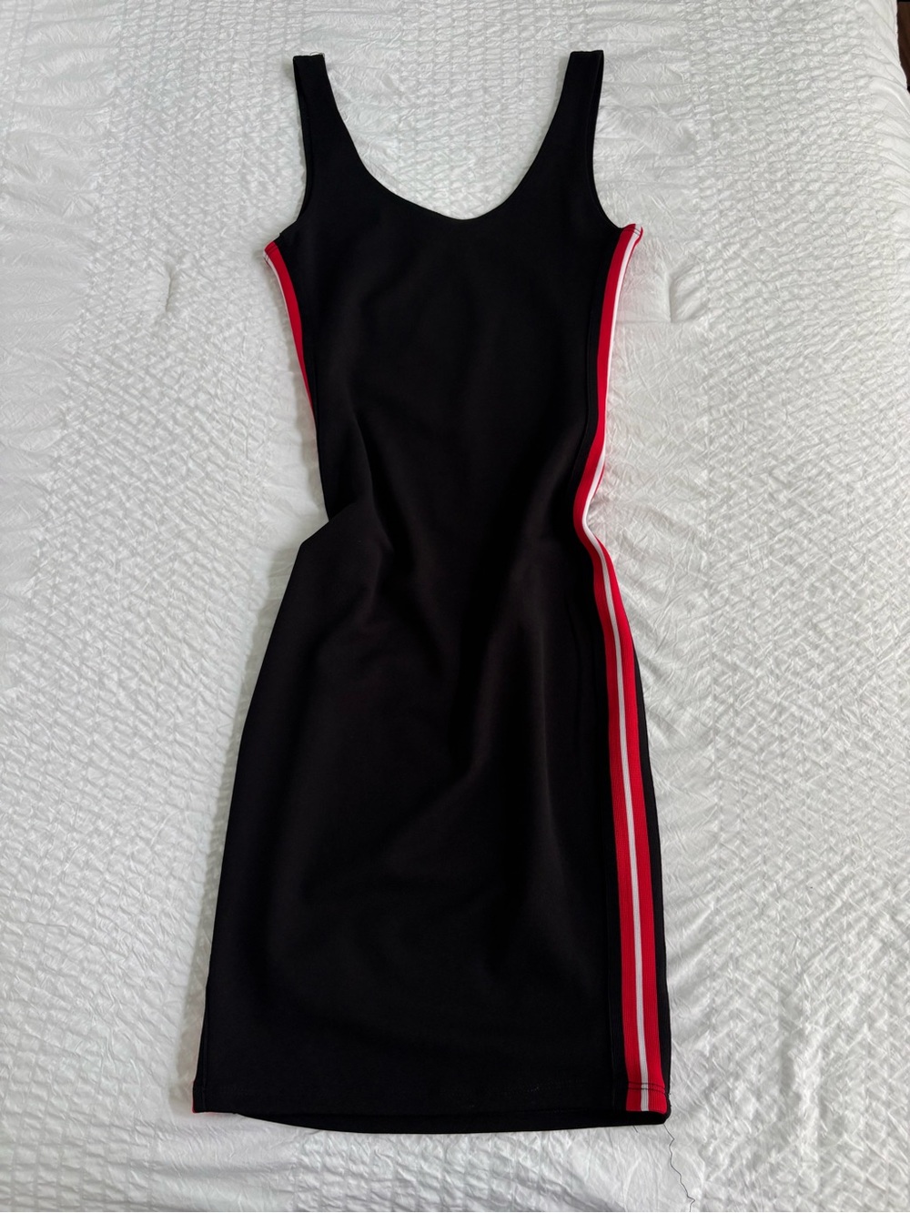Old Navy Black Midi Dress with Red and Pink Side Stripes